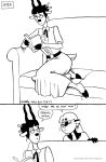  2020 antelope anthro book bovid breasts clothed clothing comic dialogue duo ear_piercing ear_ring english_text eyewear female fur gazelle glasses hair hooves horn kelly_o'dor long_hair mammal mephitid miss_thompson_(tegerio) monochrome piercing ring_piercing skunk tegerio text whiskers zandar's_saga 