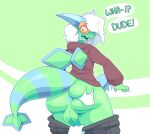  anthro anus backsack balls big_balls big_butt big_penis big_tail blue_penis bodily_fluids bottomless bottomwear bottomwear_pull butt butt_grab clothed clothing clothing_pull floating_hands flygon genitals green_body green_skin hair hand_on_butt hoodie humanoid inkplasm male nintendo pants pants_down pants_pull partially_clothed penis pok&eacute;mon pok&eacute;mon_(species) rear_view shocked solo sweat sweaty_balls sweaty_genitalia thick_thighs topwear video_games white_hair wings 