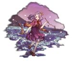  1girl absurdres fan geta highres hill holding holding_pipe hotpot_(876886120) japanese_clothes kiseru komakusa_sannyo looking_at_viewer meadow medium_hair mountainous_horizon pink_robe pipe purple_hair purple_skirt red_eyes red_skirt ribbon skirt sky solo touhou wide_sleeves yellow_ribbon 