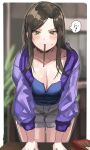  1girl bangs black_hair blush breasts cleavage green_eyes highres idolmaster idolmaster_cinderella_girls jacket leaning_forward long_hair long_sleeves looking_at_viewer mukai_takumi parted_bangs purple_jacket ro_torobo thighs 