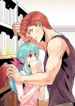  1boy 1girl bangs black_tank_top blue_hair bookshelf bow brown_hair couple dress_shirt eyebrows_visible_through_hair hair_between_eyes hair_bow height_difference hetero holding imuro indoors kuwabara_kazuma library long_hair looking_to_the_side parted_lips pink_shirt ponytail red_bow red_eyes shiny shiny_hair shirt tank_top upper_body yukina_(yuu_yuu_hakusho) yuu_yuu_hakusho 