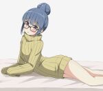  1girl aikawa_ryou bangs bed_sheet bespectacled black-framed_eyewear blue_hair blush brown_sweater commentary_request eyebrows_visible_through_hair feet_out_of_frame glasses grey_background hair_between_eyes hair_bun highres long_sleeves looking_at_viewer parted_lips purple_eyes shima_rin sleeves_past_fingers sleeves_past_wrists solo sweater turtleneck turtleneck_sweater yurucamp 