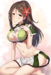  1girl amagi_(kancolle) barefoot blush breasts brown_eyes brown_hair cleavage closed_mouth hair_ornament highres kantai_collection large_breasts leaf leaf_hair_ornament long_hair maple_leaf mole mole_under_eye monoku navel pleated_skirt skirt solo white_skirt 