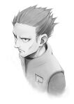  1boy closed_mouth commentary cyrus_(pokemon) frown greyscale hair_slicked_back highres kazuko_(towa) male_focus monochrome pokemon pokemon_(game) pokemon_dppt shirt short_hair simple_background solo spiked_hair team_galactic upper_body vest white_background 