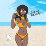  1:1 beach clothed clothing dialogue domestic_cat duo felid feline felis female feral humanoid jewelry lady_nora madam_reni_(twokinds) mammal necklace not_furry_focus seaside smile solo_focus swimwear twokinds webcomic yttrium 