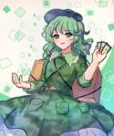  1girl camouflage camouflage_jacket camouflage_skirt card cowboy_shot green_eyes green_hair holding holding_card jacket key khylimei looking_at_viewer medium_hair midriff open_mouth skirt touhou wavy_hair yamashiro_takane 