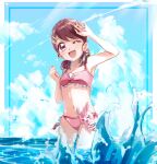  1girl ;d armpits bangs bikini brown_eyes brown_hair cowboy_shot day eyebrows_visible_through_hair flat_chest frilled_bikini frills hair_between_eyes hair_over_shoulder hanadera_nodoka healin&#039;_good_precure highres kmcho_902 looking_at_viewer medium_hair ocean one_eye_closed open_mouth outdoors pink_bikini precure rabirin_(precure) shiny shiny_hair short_twintails side-tie_bikini smile solo standing summer swept_bangs swimsuit twintails wading 