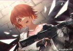 1girl :d arknights assault_rifle bangs black_gloves black_shirt blood blood_on_face bloody_clothes bloody_weapon commentary_request exusiai_(arknights) fingerless_gloves gloves gun hair_over_one_eye halo highres holding holding_gun holding_weapon jacket open_mouth red_eyes red_hair rifle shirt short_hair smile solo stone_wall teeth twitter_username upper_teeth wall weapon white_jacket white_wings wings youyouyou_1211 
