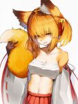  1girl absurdres animal_ear_fluff animal_ears bare_shoulders bell blonde_hair body_fur breasts cleavage collarbone commission fox_ears fox_girl fox_tail furry grey_background hair_bell hair_ornament highres japanese_clothes jingle_bell looking_at_viewer medium_breasts midriff miko navel original sarashi simple_background skeb_commission solo tab_head tail whiskers wide_sleeves 