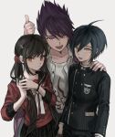  1girl 2boys :d ahoge arm_up bangs black_hair black_jacket blunt_bangs blush breast_pocket brown_eyes brown_hair collarbone commentary_request danganronpa_(series) danganronpa_v3:_killing_harmony facial_hair goatee grey_background hair_between_eyes hair_ornament hairclip hand_on_another&#039;s_shoulder hands_up harukawa_maki highres holding holding_hair jacket jacket_on_shoulders long_hair long_sleeves looking_at_viewer low_twintails mole mole_under_eye momota_kaito multiple_boys muuyiie open_mouth pants plaid plaid_skirt pleated_skirt pocket pout print_shirt purple_hair red_eyes red_scrunchie red_shirt saihara_shuuichi school_uniform scrunchie serafuku shirt short_hair simple_background skirt smile spiked_hair striped striped_jacket striped_pants thumbs_up twintails upper_body upper_teeth vertical_stripes white_shirt 