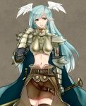  1girl armor bangs belt blue_cape blue_hair boobplate brown_background brown_belt brown_cape brown_legwear brown_skirt cape commentary_request cowboy_shot cross earrings eyebrows_visible_through_hair gauntlets holding holding_sword holding_weapon jewelry light_blue_hair long_hair looking_to_the_side midriff navel paladin_(ragnarok_online) parted_lips pauldrons ragnarok_online retgra shoulder_armor simple_background skirt solo sword thighhighs waist_cape weapon 