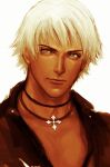  1boy bangs black_jacket closed_mouth commentary cross cross_necklace dark_skin dark_skinned_male grey_eyes highres jacket jewelry k&#039; lips looking_at_viewer male_focus necklace portrait short_hair simple_background solo the_king_of_fighters toh_go_jp white_background white_hair 