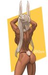  1girl absurdres animal_ears ass biceps boku_no_hero_academia bunny_ears bunny_tail butt_crack cowboy_shot dark_skin dark_skinned_female from_behind gloves highleg highleg_panties highres long_hair mirko muscular muscular_female panties rabbit_girl radon86_nya solo tail thick_thighs thighs toned underwear white_background white_gloves white_hair yellow_background 