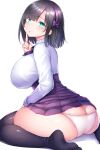  1girl :o ass bangs black_hair black_legwear breasts butt_crack commentary_request curvy eyebrows_visible_through_hair finger_to_mouth green_eyes hairband head_tilt highres huge_breasts looking_at_viewer open_mouth original panties pink_panties pleated_skirt purple_neckwear purple_skirt shirt short_hair sidelocks simple_background sitting skirt solo thighhighs thighs tsukumiya_amane underwear wariza white_background white_shirt 