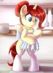  absurd_res an-tonio anthro apron bun_(hairstyle) clothing cooking_pot cutie_mark ear_piercing ear_ring egg equid equine female flour golden_brooch hi_res horn jewelry kitchen lipstick makeup mammal my_little_pony necklace piercing rolling_pin solo spatula tools unicorn 