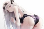  1girl ass bangs bare_arms bare_shoulders bent_over black_ribbon black_swimsuit blush breasts character_name competition_swimsuit eyebrows_visible_through_hair eyewear_on_head from_behind girls_frontline hair_ribbon highres kar98k_(girls_frontline) keenh long_hair looking_at_viewer looking_back medium_breasts one-piece_swimsuit parted_lips red_eyes ribbon simple_background sleeveless solo sunglasses swimsuit wet white_background white_hair 