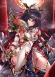  1girl black_hair blood breasts deep_wound highres injury large_breasts looking_at_viewer one_eye_closed red_eyes sangokushi_taisen shimo_(depthbomb) solo sword torn_clothes torn_legwear wang_yi warrior weapon 