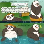  anthro ari_guardian balls black_body black_fur blush bottomwear bulge clothing comic dreamworks duo embarrassed english_text erection eyes_closed father father_and_child father_and_son flaccid fur genitals giant_panda green_eyes hi_res incest_(lore) kung_fu_panda li_shan_(kung_fu_panda) male male/male mammal master_po_ping moobs nipples overweight overweight_male parent parent_and_child penis shorts sitting son text unwanted_erection ursid water white_body white_fur 