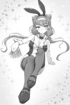  1girl absurdres animal_ears arakawa_tarou bow bowtie breasts bunny_ears card cleavage collarbone detached_collar fake_animal_ears full_body greyscale hairband highleg highleg_leotard highres holding holding_card hugtto!_precure leotard looking_at_viewer low_twintails medium_breasts monochrome multiple_hairbands precure ruru_amour solo strapless strapless_leotard thighhighs twintails wrist_cuffs 