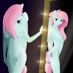  1:1 absurd_res alicorn-without-horn anthro breasts cutie_mark equid equine female folded_wings friendship_is_magic genitals hasbro hi_res kerfuffle_(mlp) light_bulb looking_aside looking_at_viewer mammal mirror my_little_pony nude pegasus pussy simple_background solo tail_wraps wings wraps 