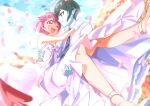  1boy 1girl ;d absurdres arms_around_neck black_neckwear blue_skin blurry blurry_foreground breasts carrying cleavage colored_skin couple daruizen dress earrings flower green_eyes green_hair grin hair_flower hair_ornament hanadera_nodoka healin&#039;_good_precure hetero highres horns husband_and_wife jewelry kmcho_902 long_dress necktie one_eye_closed open_mouth pink_hair pointy_ears precure princess_carry red_eyes red_flower shiny shiny_hair shirt short_hair sleeveless sleeveless_dress small_breasts smile strapless strapless_dress wedding_dress white_dress white_flower white_shirt 
