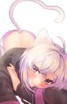  1girl absurdres animal_ear_fluff animal_ears bangs bent_over black_hoodie cat_ears cat_tail cowlick eyebrows_visible_through_hair fang fang_out grey_pants hand_on_own_arm highres hololive hood hoodie huge_filesize leehwa looking_at_viewer nekomata_okayu pants purple_eyes purple_hair smile solo sweatpants tail virtual_youtuber white_background 