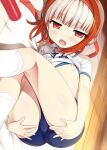  1girl ass blush breasts cura flat_chest gradient_hair gym_uniform highres looking_at_viewer monobeno multicolored_hair nipple_slip nipples open_mouth red_eyes red_hair shirt_pull shorts solo streaked_hair sumi_(monobeno) thighs two-tone_hair white_hair 