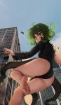  1girl ahoge artist_name ass bare_legs barefoot between_legs black_dress blue_sky building city commentary_request curly_hair day dress from_behind from_below green_eyes green_hair highres kneepits long_sleeves looking_back looking_down mixed_media novcel one-punch_man sky soles solo tatsumaki toes torn_clothes torn_dress 