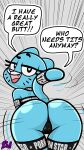  9:16 anthro blue_body blue_fur butt cartoon_network clothed clothing dialogue digital_media_(artwork) domestic_cat english_text felid feline felis female fourball fur hi_res mammal mature_anthro mature_female nicole_watterson open_mouth simple_background solo text the_amazing_world_of_gumball 
