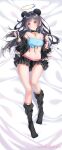  1girl artist_name bangs bare_shoulders bed_sheet black_choker black_hair black_jacket black_legwear black_skirt choker crop_top full_body halo head_tilt highres jacket kneehighs long_hair long_sleeves looking_at_viewer lying microskirt midriff navel off_shoulder on_back open_clothes open_jacket original parted_lips pink_eyes pleated_skirt signature skirt solo spaghetti_strap stomach thighs woodsbench 