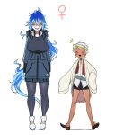  2girls absurdres anklet blue_hair cardigan dark_skin earrings full_body genderswap genderswap_(mtf) grin height_difference highres hood hoodie idia_shroud jewelry kalim_al-asim long_hair looking_to_the_side messy_hair multiple_girls nato_(maanguito) open_mouth pantyhose sharp_teeth shoes short_hair simple_background smile sneakers sweat teeth twisted_wonderland unzipped very_short_hair white_background white_hair yellow_eyes 