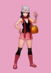  1girl absurdres arm_up bag black_hair blue_eyes boots cirenk dawn_(pokemon) dress hand_on_hip hat highres looking_at_viewer pink_dress pokemon pokemon_(game) pokemon_dppt red_scarf scarf solo symbol 