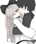  accessory anthro black_hair blush clothing collar dress duo female hair hair_accessory hair_bow hair_over_eye hair_over_eyes hair_ribbon hi_res hug human kemono kissing lagomorph leporid male male/female mammal one_eye_obstructed rabbit ribbons scut_tail shy vreparty white_body yellow_eyes 