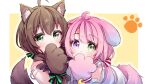  2girls bangs blush cat_girl cat_tail covering_mouth cowlick dog_girl dog_tail eyebrows_visible_through_hair gloves green_eyes hair_between_eyes hand_over_own_mouth heterochromia highres himemori_luna hololive kemonomimi_mode meru_corone multiple_girls natsuiro_matsuri paw_gloves paws pink_hair purple_eyes tail twintails virtual_youtuber 