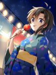  1girl :p antenna_hair bangs black_hair blue_kimono blush booth candy_apple commentary festival floral_print food from_below hair_between_eyes holding holding_food idolmaster idolmaster_(classic) japanese_clothes kikuchi_makoto kimono lantern light_blush looking_at_viewer looking_down mani_(second-dimension) night night_sky obi purple_eyes raised_eyebrows sash short_hair short_hair_with_long_locks skewer sky smile solo standing star_(sky) starry_sky tongue tongue_out yellow_sash yukata 