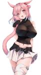  1girl animal_ears bangs blush breasts cat_ears cat_girl cat_tail detached_collar double_bun facial_mark final_fantasy final_fantasy_xiv highres himegi_you large_breasts looking_at_viewer miqo&#039;te navel open_mouth pink_eyes pink_hair pink_tail pleated_skirt short_hair simple_background skirt smile solo tail thighhighs white_background white_legwear 