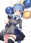  1girl absurdres asymmetrical_legwear balloon bangs belt belt_buckle beret blue_eyes blue_hair blush bow breasts buckle buttons choker crown eyebrows_visible_through_hair frilled_skirt frills gloves hair_between_eyes hair_ornament hat highres hololive hoshimachi_suisei jewelry long_hair looking_at_viewer mini_crown miniskirt nail_polish nyasunyadoora plaid plaid_skirt pleated_skirt ribbon side_ponytail skirt smile solo star_(symbol) thigh_strap virtual_youtuber white_background 