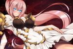  1girl armor bangs blue_eyes breasts covered_navel dress glowing glowing_eyes hair_between_eyes lindaroze long_hair looking_at_viewer pauldrons pink_hair ponytail shionne_(tales) shoulder_armor sidelocks smile solo tales_of_(series) tales_of_arise very_long_hair white_dress 