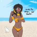  1:1 beach blush clothed clothing dialogue domestic_cat duo embarrassed felid feline felis female feral humanoid jewelry lady_nora madam_reni_(twokinds) mammal necklace not_furry_focus seaside smile solo_focus swimwear twokinds webcomic yttrium 