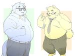  2021 4:3 anthro blush bottomwear canid canine canis clothing domestic_dog duo eyes_closed eyewear glasses inunoshippo kemono male mammal necktie overweight overweight_male pants shirt simple_background topwear 