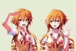  2girls blanksensei blue_eyes blush braid breasts date_a_live drill_hair english_commentary eyebrows_visible_through_hair hair_between_eyes hand_up highres large_breasts long_hair looking_at_viewer medium_breasts multiple_girls open_mouth orange_hair siblings sidelocks simple_background sisters smile twins upper_body yamai_kaguya yamai_yuzuru 