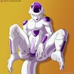  1:1 2021 alien alien_humanoid bodily_fluids butt digital_media_(artwork) dragon_ball dragon_ball_z erection feet frieza frieza_race genitals hi_res humanoid looking_at_viewer male not_furry nude penis presenting prismanoodle_(artist) red_eyes simple_background smile solo text url 