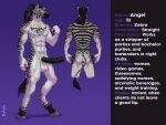  absurd_res angel_(zi_054) animal_genitalia animal_penis anthro athletic description dohade english_text equid equine equine_penis fur genitals hi_res looking_at_viewer male mammal model_sheet muscular muscular_male nipples penis purple_eyes rear_view smile solo tattoo text zebra zi_054 