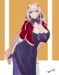  1girl absurdres arms_behind_back bangs bianca_(punishing_grey_raven) blonde_hair breasts china_dress chinese_clothes cleavage closed_mouth dress dress_bow eyebrows_visible_through_hair hair_ribbon highres huge_breasts large_breasts leaning_forward lips long_hair looking_at_viewer punishing:_gray_raven purple_dress purple_ribbon ribbon simple_background solo standing xiao_huanggua yellow_eyes 