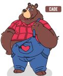 2021 anthro artroriks brown_body brown_fur cade_(the_human_heart) clothing fur male mammal overalls overweight overweight_male shirt simple_background solo the_human_heart_(game) tongue tongue_out topwear ursid video_games visual_novel white_background 