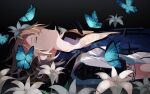  1boy albedo_(genshin_impact) blonde_hair blue_butterfly bug butterfly closed_eyes flower genshin_impact highres insect lying male_focus on_back parted_lips solo white_background white_flower yoko_(nz_g) 