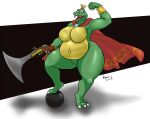  2018 3_toes 4_fingers abstract_background anthro belly big_belly big_breasts blunderbuss bottomless bracelet breasts cannon cape cape_only claws clothed clothing crocodile crocodilian crocodylid crossgender curvy_figure dated digital_media_(artwork) donkey_kong_(series) fangs featureless_breasts featureless_crotch feet female finger_claws fingers full-length_portrait green_body green_scales holding_object holding_weapon jewelry kawma king_k._rool kremling looking_at_viewer male mostly_nude mtf_crossgender navel nintendo non-mammal_breasts open_mouth open_smile outie_navel overweight overweight_anthro overweight_female plantigrade portrait ranged_weapon reptile scales scalie sharp_teeth signature smile solo teeth thick_thighs toe_claws toes video_games voluptuous weapon white_claws wide_hips 