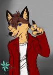  anthro canid canine clothed clothing fox fully_clothed fur hi_res jacket koen_the_fox leather leather_clothing leather_jacket leather_topwear male mammal multicolored_body multicolored_fur pawpads peace_symbol purple_eyes shirt smile solo topwear undershirt xiperium 