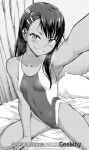  1girl absurdres arm_up armpits asymmetrical_bangs bangs barefoot blush breasts cameltoe competition_swimsuit covered_navel dark_skin dark_skinned_female ear_clip earrings fang geewhy grin hair_ornament hairclip head_tilt highres ijiranaide_nagatoro-san jewelry long_hair nagatoro_hayase on_bed one-piece_swimsuit reaching_out selfie sitting small_breasts smile solo stud_earrings swimsuit wariza 