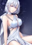  1girl artist_name bangs bare_shoulders breasts closed_mouth collarbone eyebrows_visible_through_hair filha girls_frontline lips looking_at_viewer medium_breasts medium_hair purple_eyes rpk-16_(girls_frontline) silver_dress silver_hair simple_background sitting solo 